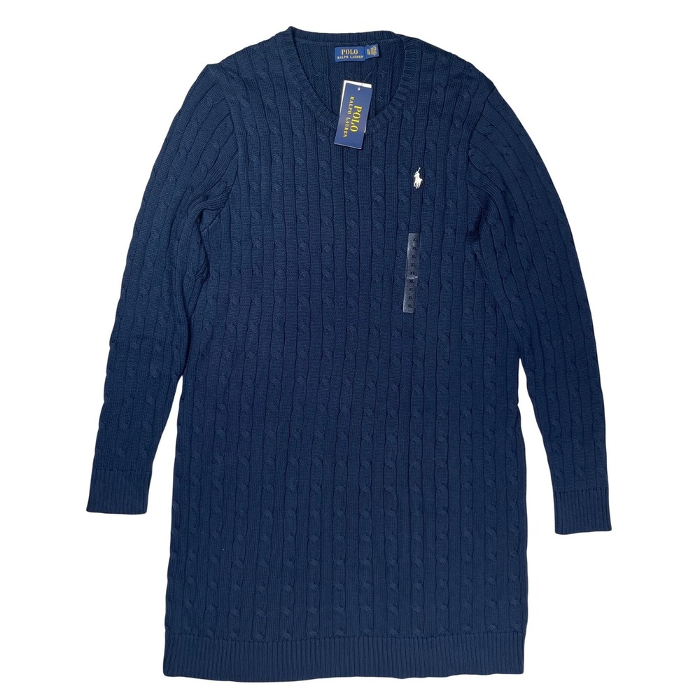 New Polo Ralph Lauren Sweater Dress Women XL Navy Cable Knit Coastal Preppy NWT